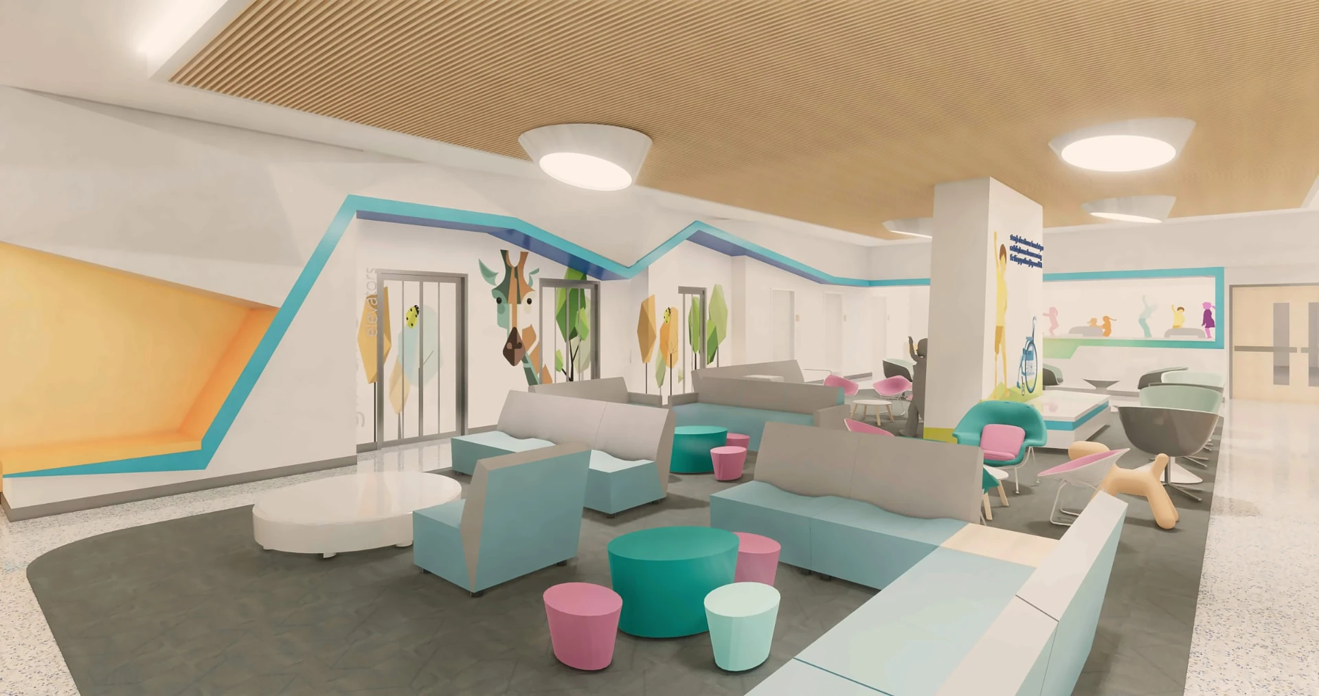 Design rendering of a pediatric lobby: a timber-slat ceiling with round pendant lights, elevator doors framed by geometric animal and tree graphics, a teal line tracing the walls, and clusters of soft seating in teal, grey and pink.