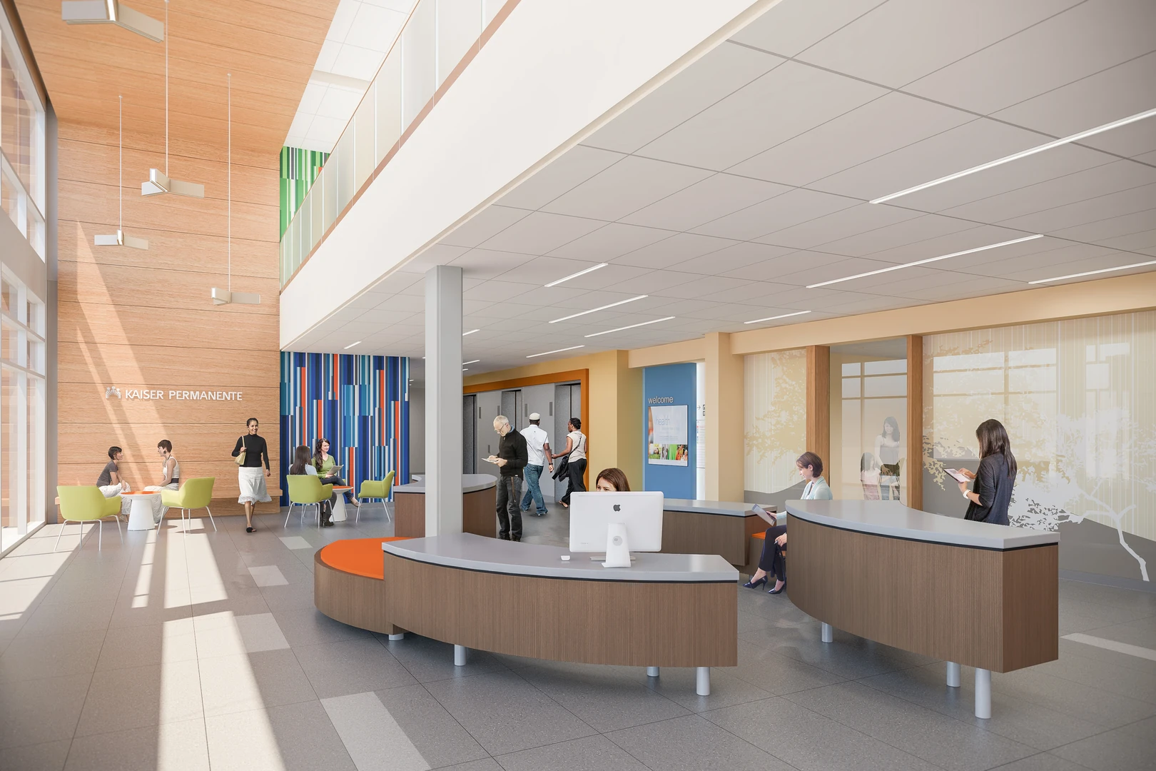 Design rendering of the main lobby: a double-height timber-clad wall, curved reception desks, and soft seating near tall windows.