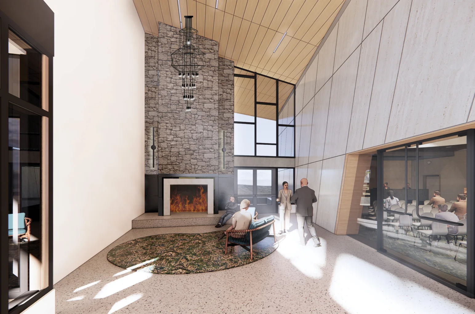 Design rendering of a fireplace lounge with a tall stone chimney, a suspended chandelier, lounge chairs on a round rug, and the council chamber visible through glass beyond.
