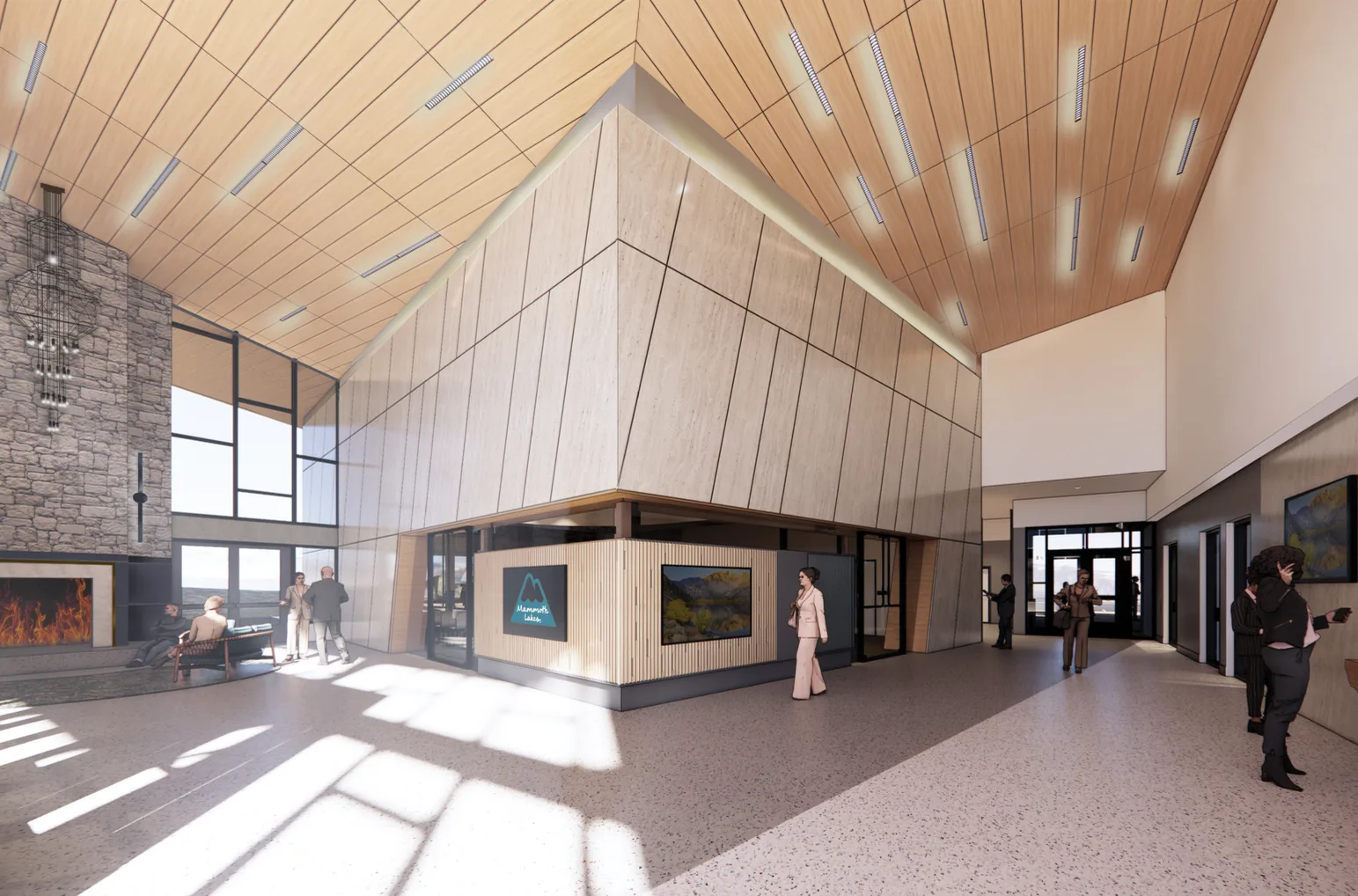 Design rendering of the Town of Mammoth Lakes Civic Center main lobby: a double-height timber ceiling, an angled stone-clad central volume with a Mammoth Lakes logo screen, a stone fireplace with lounge seating, and daylight across terrazzo flooring.