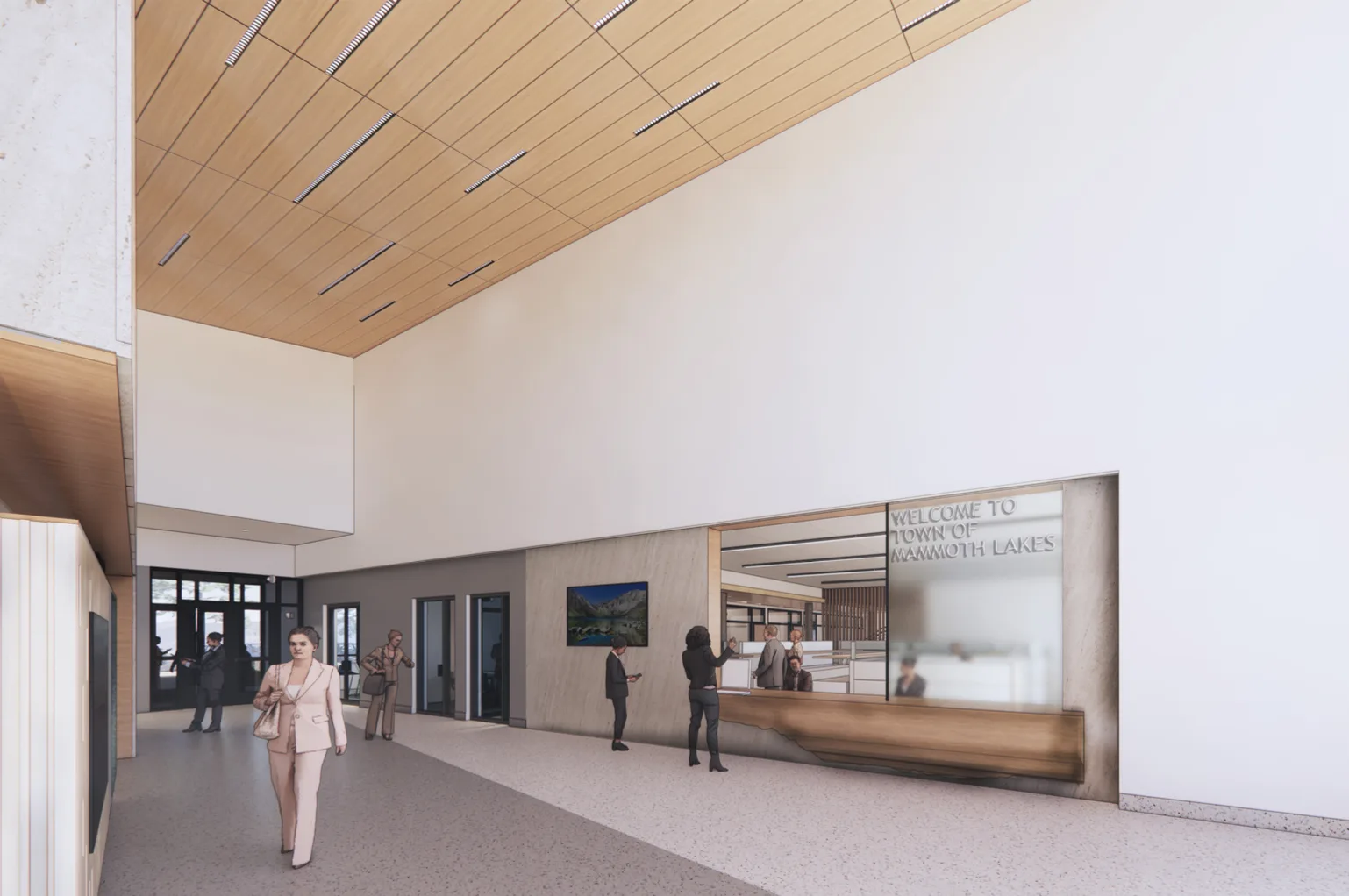 Design rendering of the public service counter: a long timber counter set into a recessed wall opening, with a frosted glass panel lettered 'Welcome to Town of Mammoth Lakes'.
