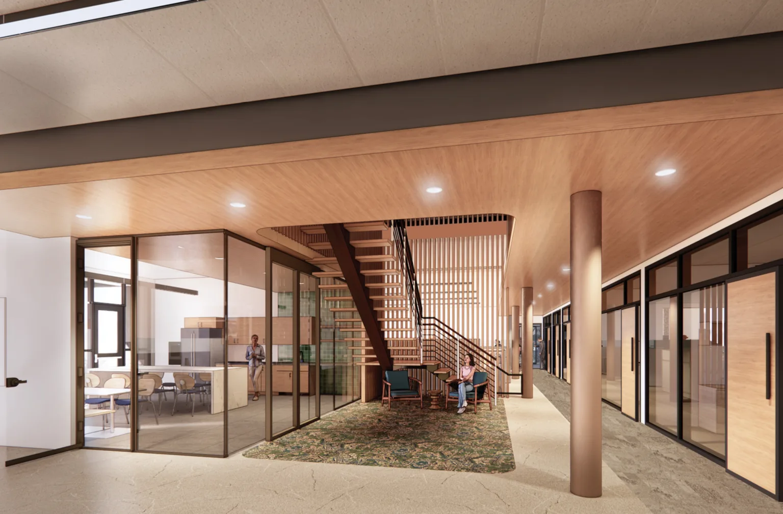 Design rendering of a seating area beneath an open timber staircase, with two lounge chairs on a rug, a glass-walled break room to the left, and offices along a corridor to the right.