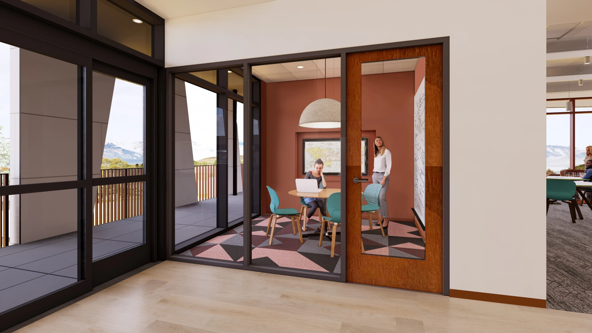 Design rendering of a small study room at Palomar College's Fallbrook Education Center: terracotta walls, a felt dome pendant and a round table, enclosed in glass beside a balcony with mountain views.