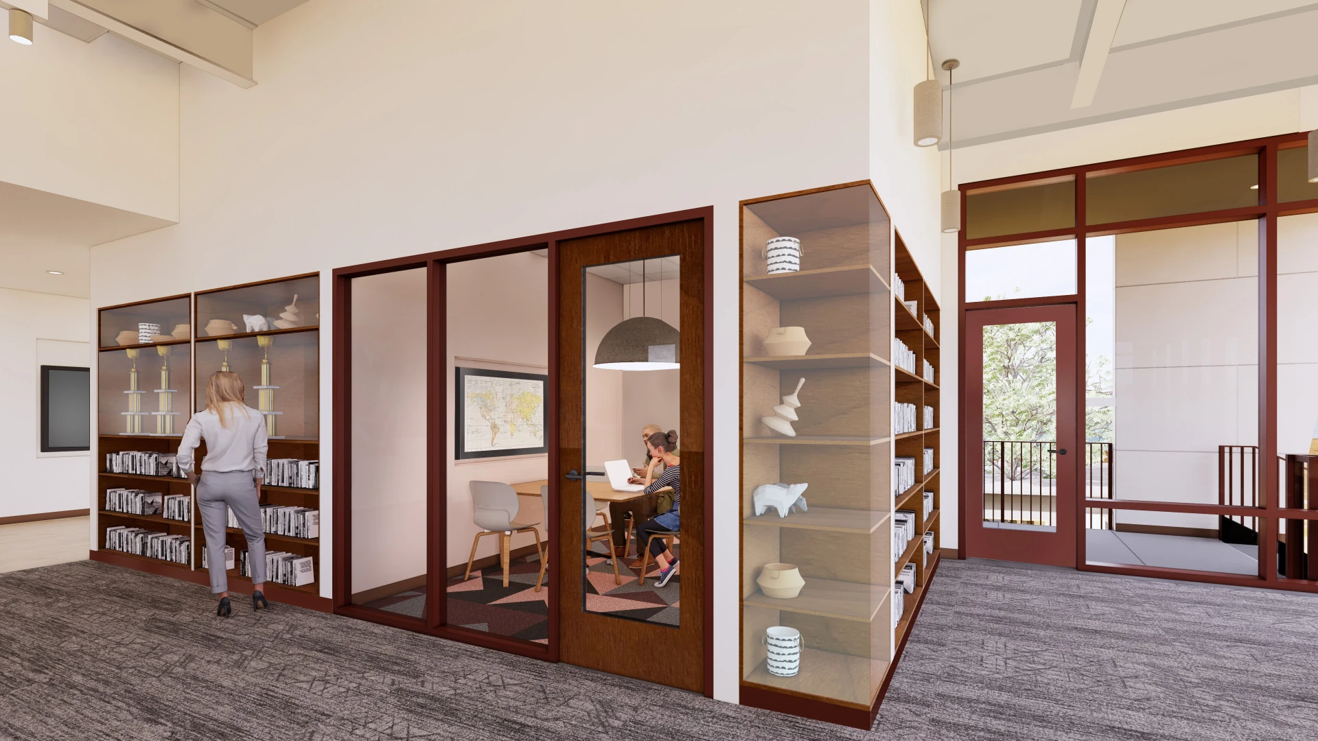 Design rendering of the library: glass-fronted display cabinets and bookshelves wrapping an enclosed study room with a world map and pendant light.