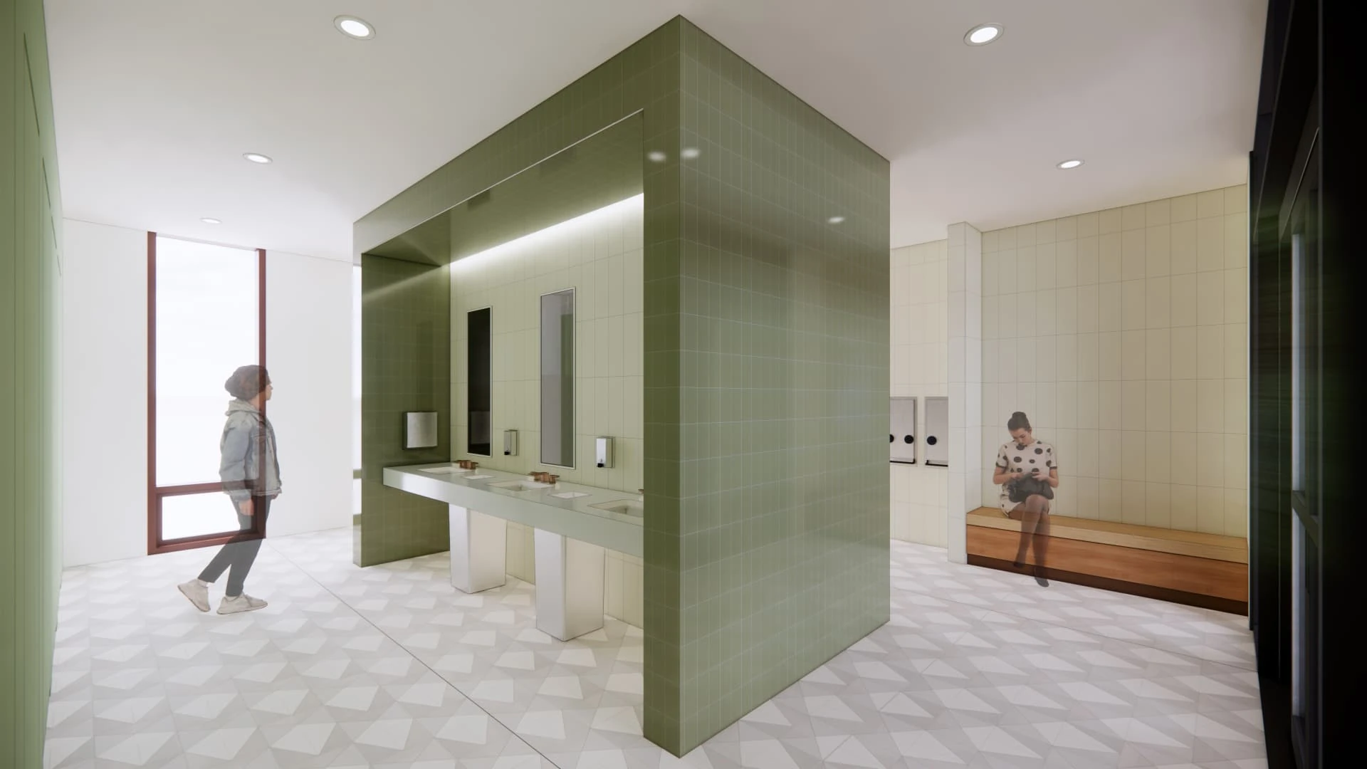 Design rendering of a restroom with a sage-green tiled sink island, soft indirect lighting over the mirrors, and a timber bench along a cream tiled wall.
