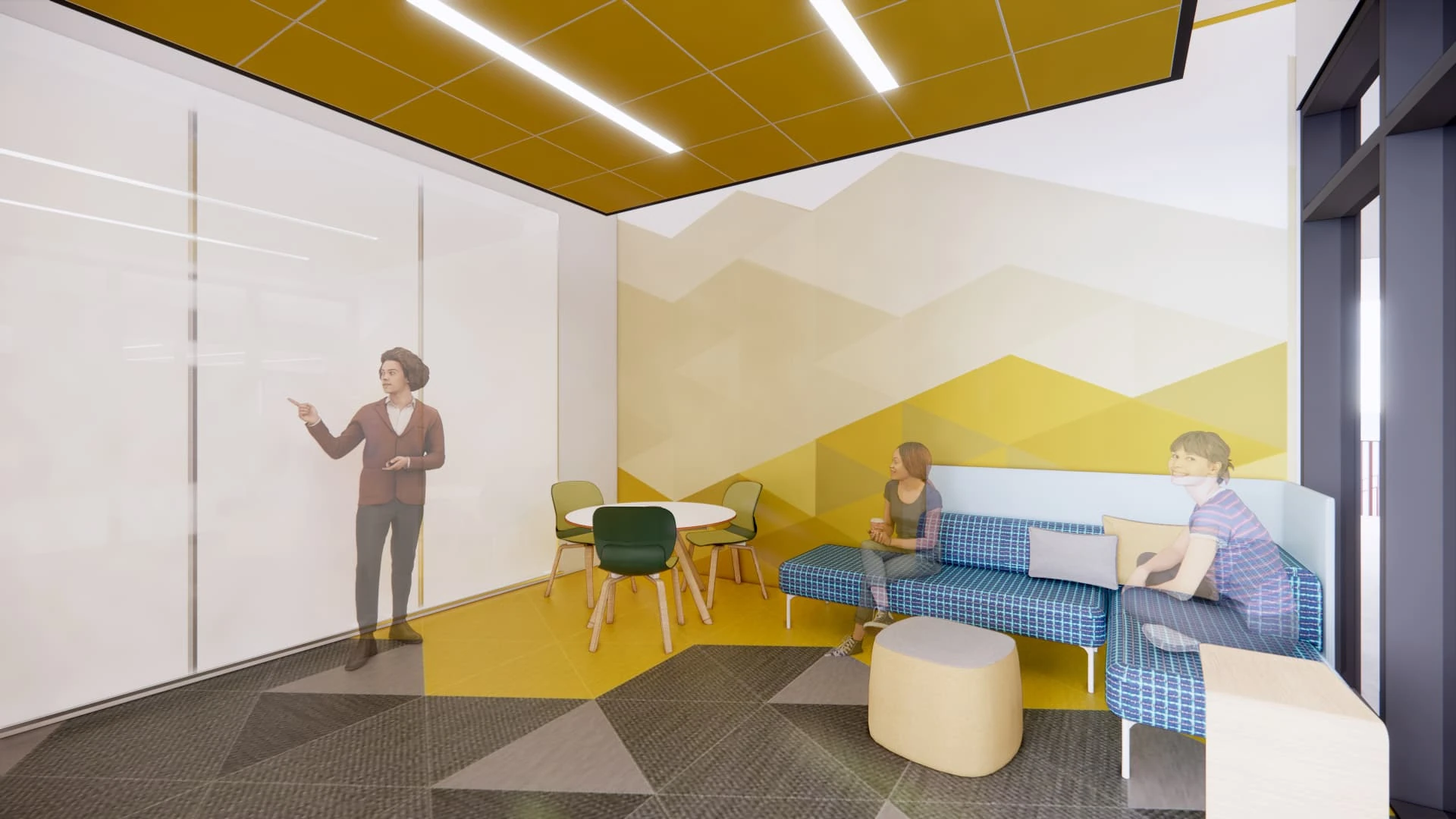 Design rendering of a group study room with a yellow ceiling canopy, a mountain-pattern wall, a round table and high-backed blue bench seating.