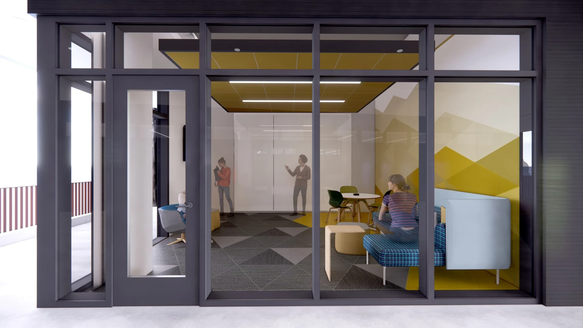 Design rendering of the group study room seen from the corridor through its glass storefront, with students at the whiteboard wall and on the bench seating.